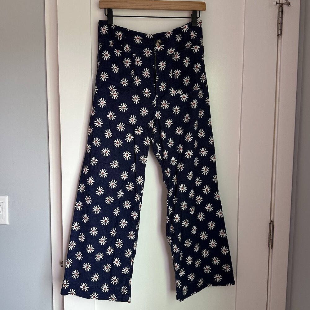 Maeve The Colette Cropped Wide-Leg Pants Linen Edition Daisies Navy